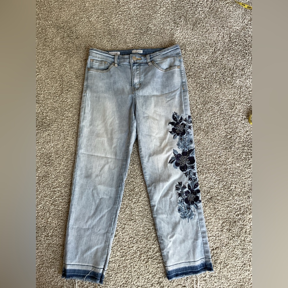 Tribal Light Blue Cropped Jeans with Navy Floral Embroidery
